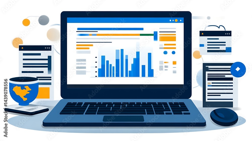 Laptop displaying data analytics charts and documents