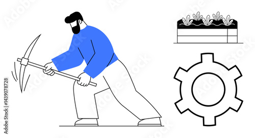 Person mining with pickaxe, lined crop illustration above gear icon symbolizing agriculture, labor, and tools. Ideal for agriculture, mining, work ethics, energy, sustainability automation simple