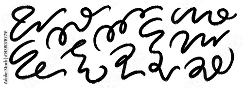 Black squiggle brush stroke set. Wiggly paint line collection. Charcoal curly flourish pack for highlight, underline, emphasis. Crayon wavy undulate strips. Rough chalk scribble swoosh stripes. Vector
