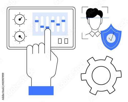 Hand interacting with control panel sliders, face recognition frame, shield with checkmark, gear symbol. Ideal for tech, security, customization, biometrics, interface design data management simple