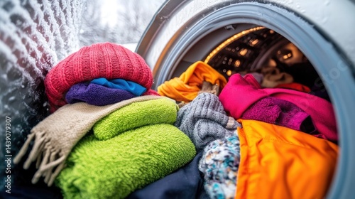 Colorful winter clothing bundled inside a washing machine.