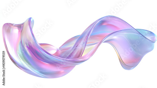 3d abstract liquid glass transparent clear ribbon wave line render. Chromatic fluid flow curve shape with holographic gradient texture, dispersion light. Flying glossy design element  photo