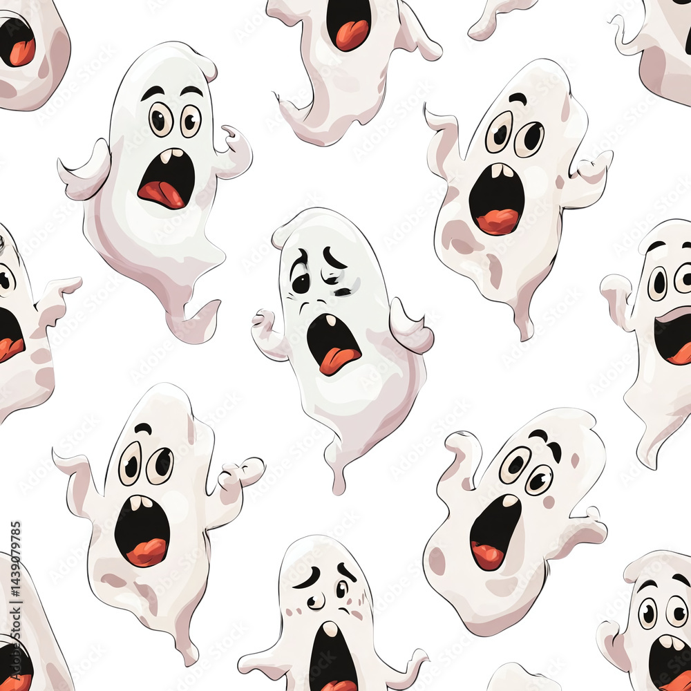 Fototapeta premium Seamless Halloween pattern of cartoon ghosts with spooky facial expressions, clear background --v 7.0