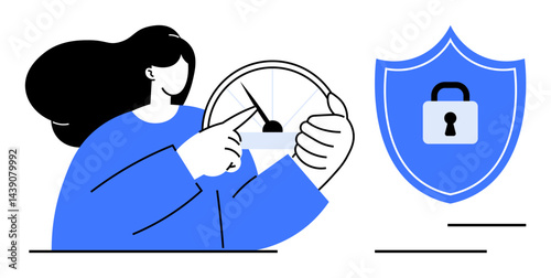 Woman monitors speedometer, shield with a lock beside her symbolizes digital security, control, and data optimization. Ideal for cybersecurity, performance analysis, safety assurance, personal data