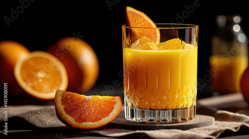 Zesty Orange Delight: A refreshing glass of vibrant orange juice, adorned with a slice, presents an invigorating visual.