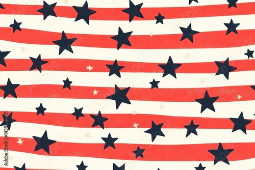 Minimalist red and white stripe pattern with scattered navy stars, elegant Fourth of July design