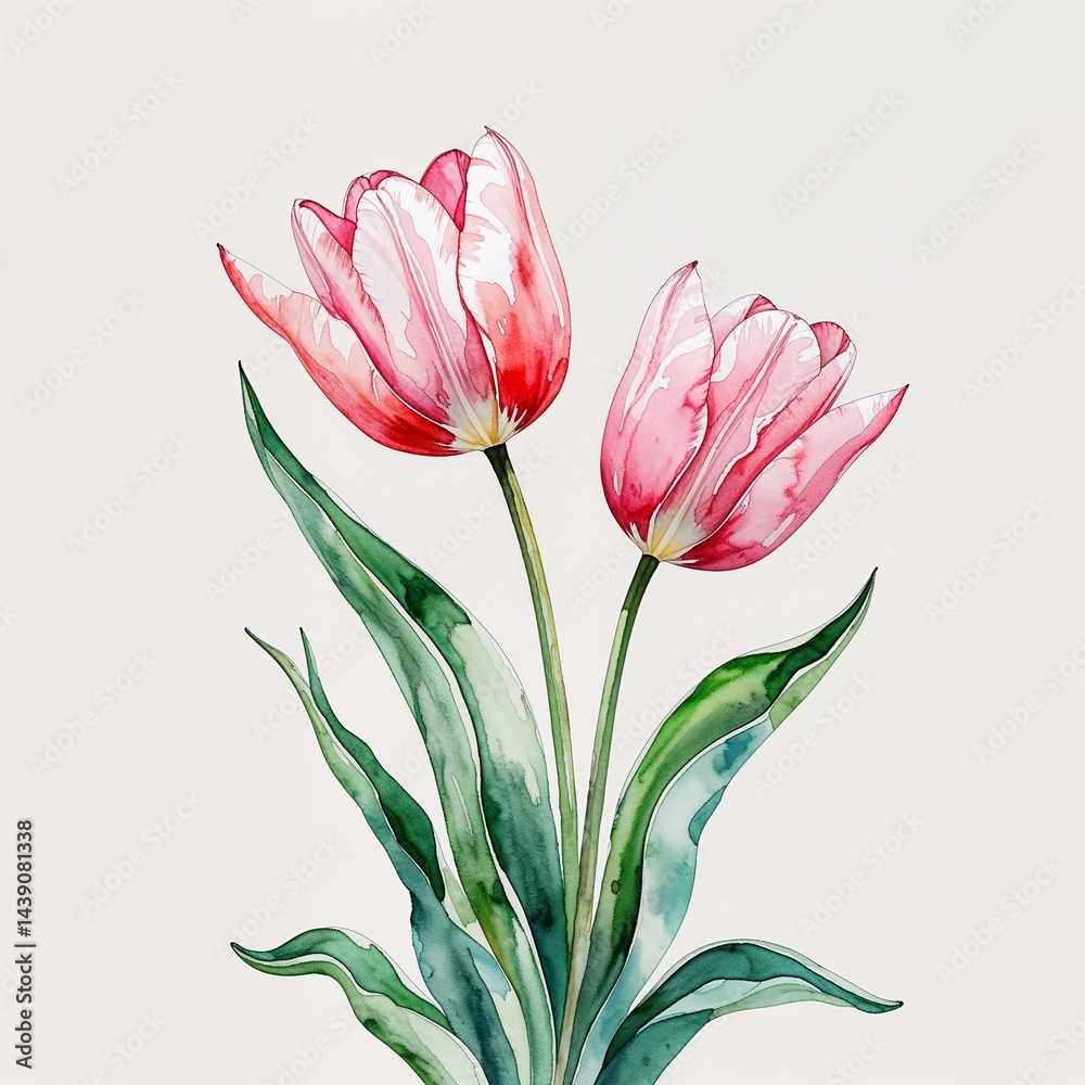 Fototapeta premium Pink tulip flower watercolor art painting design on plain white background illustration