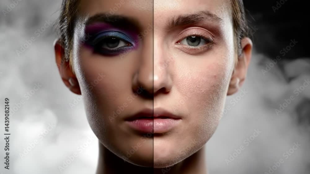 A model displays a striking makeup transformation, highlighting the contrast between bold and natural styles.