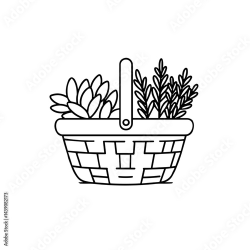 Basket with plants for Ivan Kupala Day in line art style  
