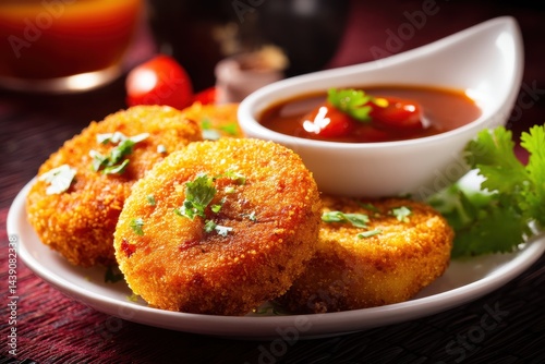 Aloo Tikki Ragda Cutlet is a well liked Indian snack accompanied by tomato ketchup or tamarind chutney against a blurred backdrop photo