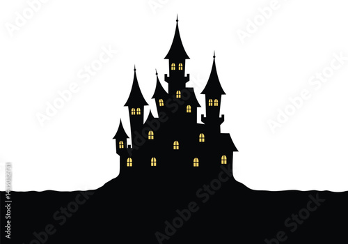 Halloween Castle Silhouette. This image shows a spooky castle with pointed towers, glowing windows, and eerie surroundings, ideal for Halloween-themed designs. Vector clipart illustration design.