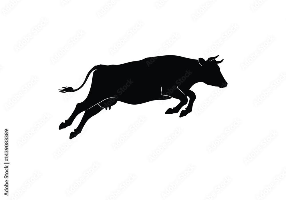 Obraz premium Cow Jumping Silhouette. This image shows a black silhouette of a jumping cow in motion, also referred to as leaping cattle or bovine. Vector clipart illustration design.