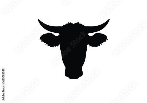 Cow Face Silhouette. This image shows a black silhouette of a cow's face with prominent horns and shaggy fur, also referred to as a cattle head. Vector clipart illustration design.