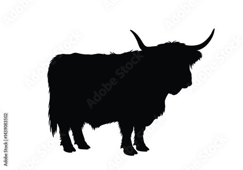 Highland Cow Silhouette. This image shows a black silhouette of a Highland cow, known as Highland cattle or Scottish Highlander, with long horns and shaggy fur. Vector clipart illustration design.