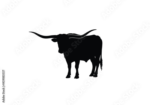 Longhorn Cattle Silhouette. This image shows a black silhouette of a longhorn cattle, also known as a Texas longhorn or livestock, with distinctive long horns. Vector clipart illustration design.