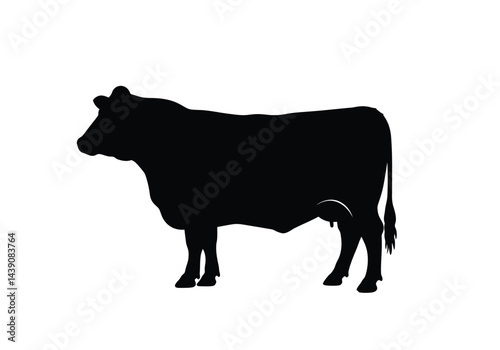 Angus Cow Silhouette. This image shows a black silhouette of an Angus cow, also referred to as a bovine or cattle, standing in profile view. Vector clipart illustration design.