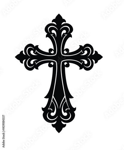 Fancy Cross Silhouette. This image shows a decorative cross with intricate patterns and flourishes, also referred to as an ornate or ornamental cross. Vector clipart illustration design.
