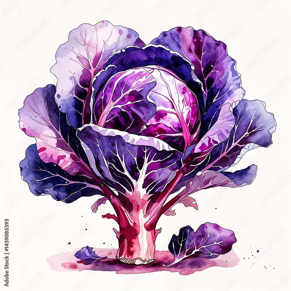 Obraz premium Red cabbage vegetable watercolor art painting design on plain white background illustration