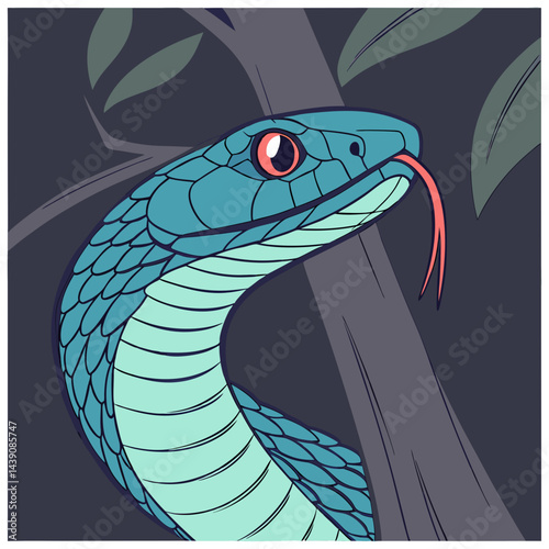 Vibrant green and blue viper snake perched on a branch with a forked tongue