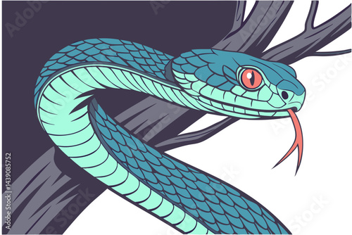 Vibrant green and blue viper snake perched on a branch with a forked tongue