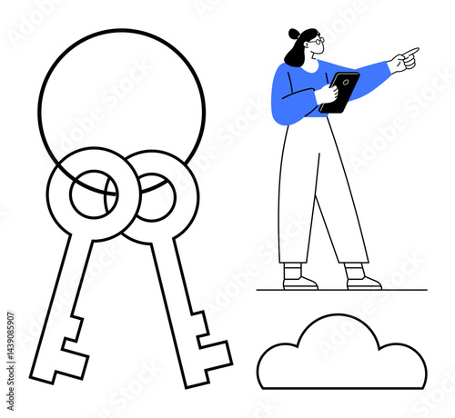Woman analyzing data on a tablet, gesturing toward a cloud icon with two overlapping keys. Ideal for technology, security, data access, cloud computing, teamwork, innovation, simple landing page
