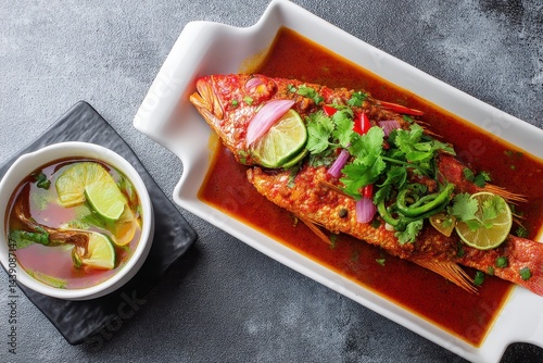 Bangladeshi side view of tray served steam red snapper with nim sauce on gray background