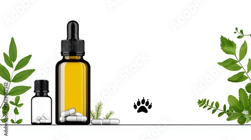 Herbal supplement bottles, capsules, green leaves, and a paw print, suggesting natural pet health products.