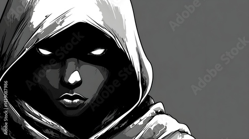 Mysterious figure in dark cloak urban setting digital art atmospheric close-up enigmatic vibes