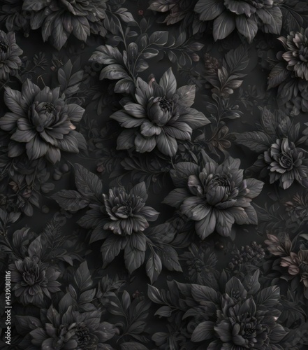 Intricate charcoal floral wallpaper  Dark hues, seamless pattern , botanical, subtle pattern, decor