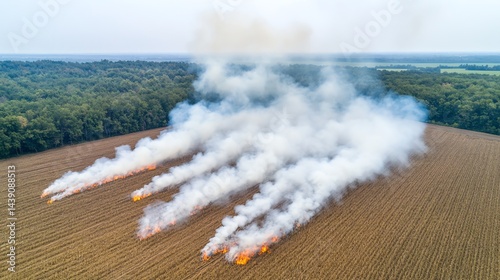 Controlled Field Burning with Smoke Rising on a Farm Aerial View