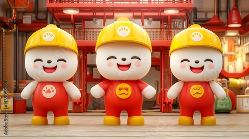 Playful cartoon characters in construction theme studio setting digital art colorful environment creative viewpoint
