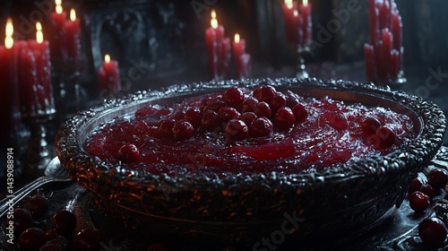 Cranberry sauce in ornate bowl, candlelit gothic chamber. Low key lighting