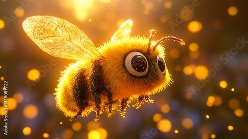 Cute cartoon bee flying in a sunny flower field with bokeh light particles