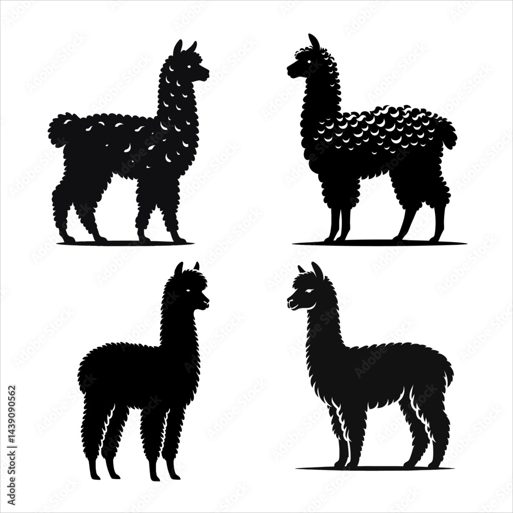 Fototapeta premium Alpaca Silhouette Vector Illustration for Farm Animal Logo Design and Wool Industry Branding Icon Graphic Template with Isolated Black Outline Standing Cute South American Wildlife Mammal