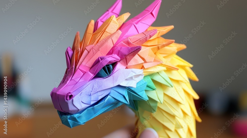 Obraz premium Colorful origami dragon figure held in hand, showcasing intricate paper folding techniques