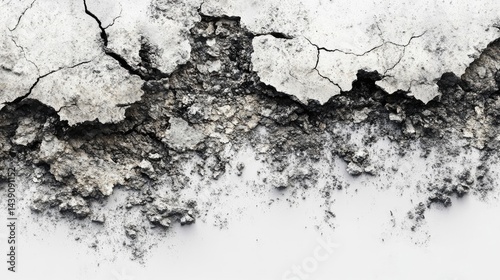 Surface cracks and fissures in ground, concrete, crevices from disaster top view. Breaks on land surface from earthquake isolated on white background. Broken ground, wall glass pattern effect. Damage