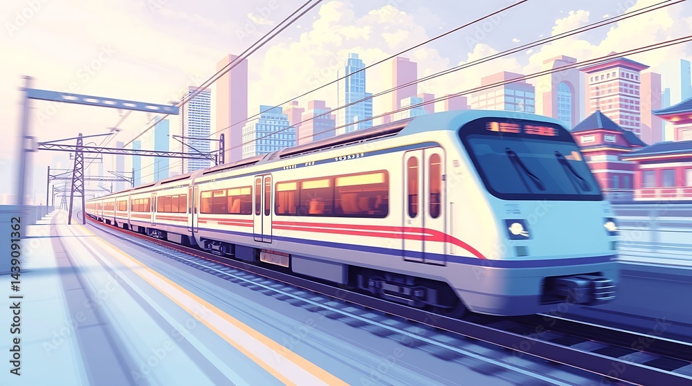 Naklejka premium A pixel art 3D rendering of an elegant Japanese train and cityscape, dynamic motion blur in soft pastel colors, graceful and soothing aesthetic