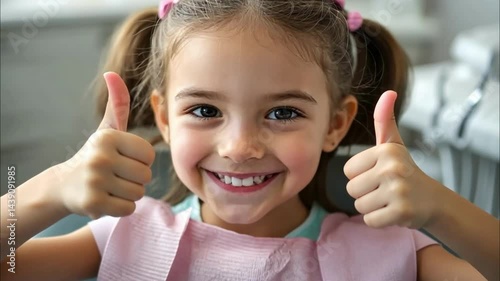 Young girl shows happiness at dental appointment while giving thumbs up in clinic