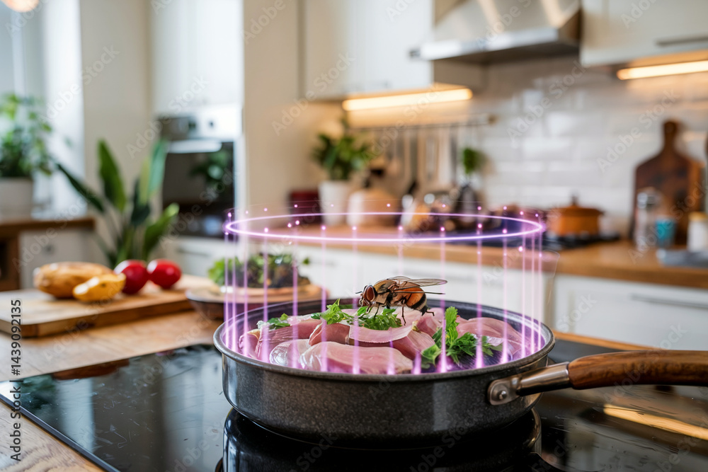 Fight the Filthy Fly Month Concept with Fly on Food in a Pan Fight the Filthy Fly Month Concept with Fly on Food in a Pan