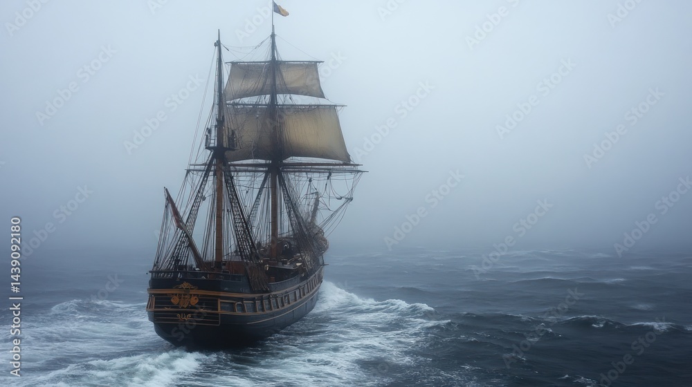Obraz premium Historic sailing ship in a foggy sea