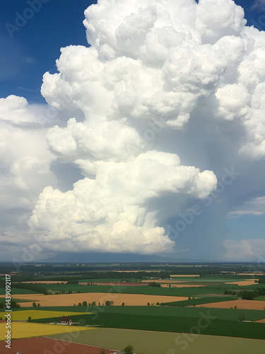Cumulonimbus clouds towering over farmland create a stunning landscape. These cumulonimbus formations are known for their impressive vertical development, often exceeding fifteen kilometers high. photo