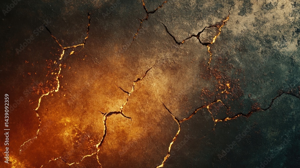Obraz premium Surface fissures and cracks from earthquake top view in ground, concrete, crevices from disaster. Breaks on land surface isolated. Broken ground, wall, glass pattern effect.