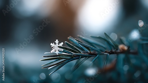 Macro Snowflake on Evergreen Needle Close-up Shot Winter Season
