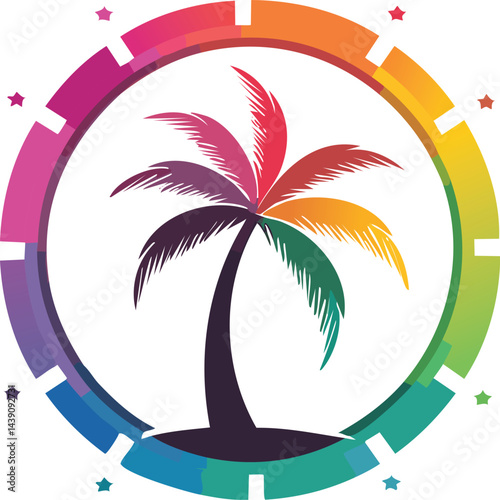 lustration of a multicolour palm tree logo inside a multicolour circle background .