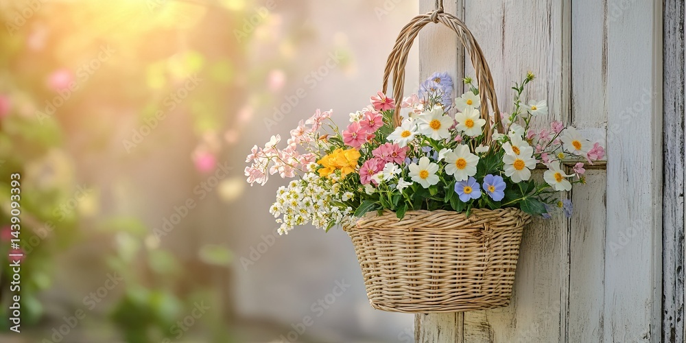 Charming floral arrangement in a wicker basket adorning a weathered wooden door Charming floral arrangement in a wicker basket adorning a weathered wooden door