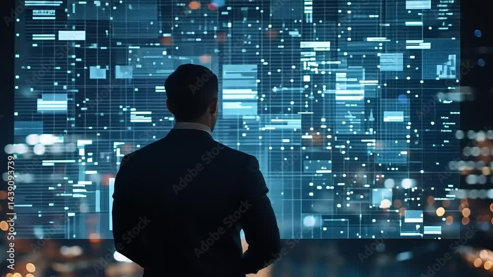 Businessman Analyzing Data on Futuristic Screen Businessman Analyzing Data on Futuristic Screen
