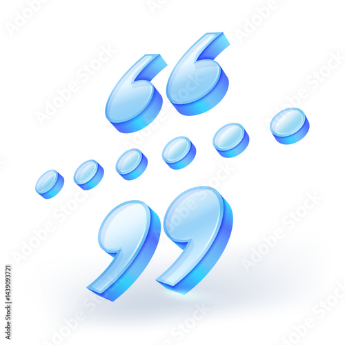 3d quote sign icon, glass blue quotation marks and ellipses. Ideal for showcasing quotes, speech, and dialogue in creative projects. isolated on white background. Vector illustration.