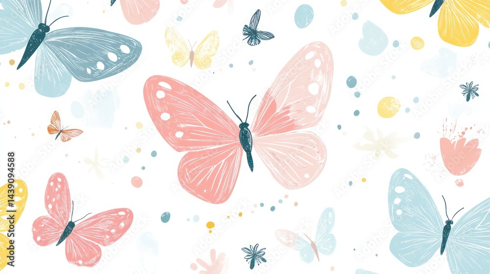 Pastel butterflies fluttering, spring garden, nature background; design