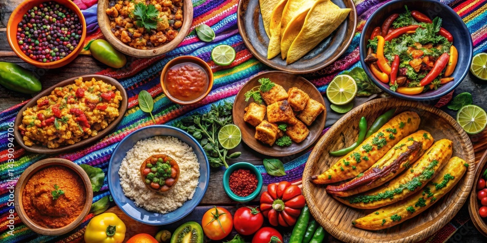 A vibrant overhead shot showcasing an array of colorful and diverse dishes, served on rustic wooden platters and a brightly patterned textile, featuring various vegetable and grain-based cuisines. A vibrant overhead shot showcasing an array of colorful and diverse dishes, served on rustic wooden platters and a brightly patterned textile, featuring various vegetable and grain-based cuisines.