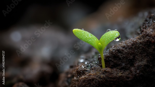 Small Sprout Growing in Soil with Water Droplets Close Up View